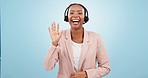 Call center, wave hello and CRM, black woman with telecom or customer service video call or presentation on blue background. Contact us, help desk and telemarketing sales and consultant in a studio