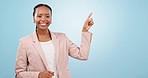 Happy black woman, business and pointing to list in advertising against a blue studio background. Portrait of African female person or employee showing steps, information or options on mockup space