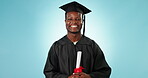 Graduation diploma, education and studio black man for university graduate success in college, school or study. Achievement, learning portrait or student happy for academy progress on blue background