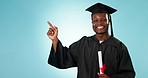 Graduate, education and hand pointing by man in studio with checklist, timeline or info on blue background. University, presentation and portrait of African guy student show sign up or learning offer