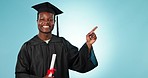 Graduation diploma, education and black man point at university graduate info, college news or school study. Achievement, learning portrait or happy student gesture at mockup space on blue background