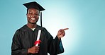 Education, graduate and hand pointing by man in studio with checklist, timeline or info on blue background. University, presentation and portrait of African guy student show sign up or learning offer