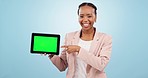 Business woman, tablet green screen and mockup for human resources website or job presentation in studio. Professional face of African worker in HR, digital tech or tracking marker on blue background