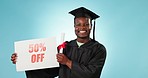 Graduation, sales poster and happy black man with university advertising promo, commercial discount or college sign. Studio portrait, 50 percent and student show academy banner on blue background