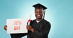 Graduation, sales sign or happy black man with university advertising, scholarship discount or college study opportunity. Studio portrait, 70 percent or student poster presentation on blue background