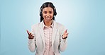 Happy woman, call center and consulting in customer service or telemarketing against a blue studio background. Portrait of female person or consultant agent with headphones in online advice on mockup