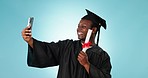 Graduation selfie, education diploma or black man with university graduate success, college and post memory photo. Learning, studio photography or student happy in profile picture on blue background
