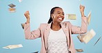 Money rain, financial freedom and dancing black woman with wealth, cash and excited isolated on blue background. Bonus, salary or income with lotto happy winner, dollar bills and cashback in studio