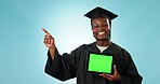 Graduation, tablet green screen and black man point at university commercial, promotion news or online school info. Mockup space, education portrait and advertising student smile on blue background