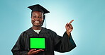 Black man, tablet green screen and graduate pointing at university information, scholarship news or online knowledge. Mockup UI space, web academy portrait and happy studio student on blue background