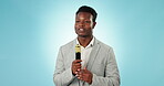 Reporter, news and broadcast, black man and mic with communication and live stream on blue background. Journalist, information and announcement, press and media with talk show and story in studio