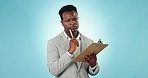 Thinking, clipboard and black man with business, solution and problem solving on a blue studio background. African person, inspector and model with documents, opportunity and decision with checklist