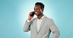 Business man, phone call and communication in studio for consulting, hello and chat on blue background. Happy african worker, mobile networking and contact for feedback, conversation and negotiation 