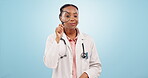 Doctor, woman and magnifying glass for face research, investigation and study in studio on blue background. Healthcare, black expert and body detective with portrait, zoom or inspection with smile