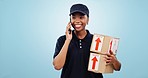 Black woman, phone call and box for delivery, logistics or customer service against a studio background. Happy African female person or courier lady smile and talking on mobile smartphone with parcel