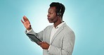 Black man, business telemarketing and tablet with web help and conversation for call center. Studio, blue background and crm communication with customer support and advice with consultant working