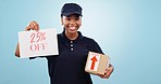 Happy black woman, box and sign for discount, sale or promotion on delivery against a studio background. Portrait of African female person or courier lady with billboard, poster or package for deal