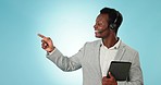 Business man, telemarketing and pointing to choice, info and checklist for decision in studio. Black male professional and steps process with blue background and mockup space for crm information