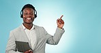 Black man, business telemarketing and face with pointing to deal and advertising for call center. Studio, blue background and crm communication with customer support and promo with consultant working