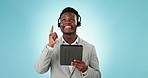 Black man, business sale and hand pointing up to deal and advertising for call center. Studio, blue background and crm communication with customer support and promo with consultant and mockup space