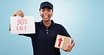 Happy black woman, box and price discount, sale or promotion on delivery against a studio background. Portrait of African female person or courier lady with billboard sign and package for promo deal