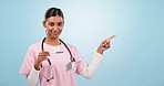 Pregnancy test, doctor and woman face with hand pointing in studio with process, reminder or info on blue background. Healthcare, presentation and portrait of gynecologist with ovulation checklist 