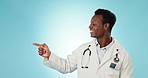 Face, pointing and doctor with checklist, black man and opportunity on a blue studio background. Portrait, African person or medical professional with hand gesture, decision or choice with healthcare