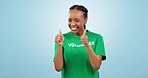 Happy black woman, volunteer and applause with thumbs up in congratulations against a blue studio background. African female person smile, clapping and motivation with like emoji in community service