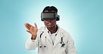 Doctor, healthcare and future with virtual reality in studio with blue backdrop, face and mockup. Black, person and technology with innovation for medicine, consultation and treatment in strategy 