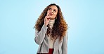 Thinking, business and woman with ideas, solution and question on a blue studio background. Person, employee and worker with a mindset, future or mockup space with brainstorming and planning with why