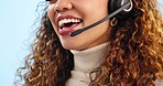 Closeup, headset and woman with telemarketing, speaking or mouth of employee with communication, connection or network. Person, worker or ecommerce with equipment, tech support or consulting with mic