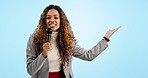 Reporter, talking and woman with news broadcast, presentation and hosting tv show on blue background in studio. Television, journalist and portrait with gesture to announcement information or mockup