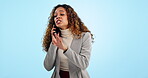 Phone call, problem and a business woman arguing on a blue background in studio for a solution. Mobile, stress and communication with an unhappy young employee looking frustrated by a company issue