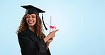 Happy woman, student and graduation pointing with certificate in celebration for diploma against a studio background. Excited female person or graduate for achievement, degree or winning on mockup