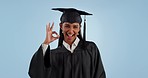 Happy woman, student and graduation with OK sign, emoji or gesture against a studio background. Portrait of female person, judge or graduate smile and showing okay symbol for perfect or approval