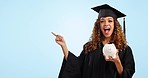 Happy woman, student and piggy bank in surprise, savings or investment for tuition fund against a studio background. Portrait of female person or graduate with okay sign or feedback review on mockup