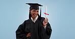 Happy woman, student and certificate for graduation, diploma or degree against a studio background. Portrait of female person or graduate smile with qualification, achievement or certified education