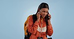 Phone call, hiking and woman with lost network in studio isolated on a blue background mockup space to travel. Smartphone, signal and frustrated person trekking, connection problem and communication.