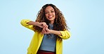 Happy woman, face and dancing for success in studio to celebrate party, achievement and lottery bonus on blue background. Portrait of excited model, winner and energy for disco, fun music and freedom