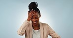 Laugh, confused and face of black woman in a studio with a comic, comedy or funny joke. Happy, doubt and portrait of young African female model with positive attitude isolated by gray background. 