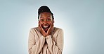 Wow, black woman and shocked in studio for winner, announcement and giveaway with blue background. Surprised, disbelief and person with excited face for success news, bonus prize and lotto promotion