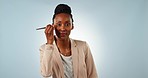 Business woman, beauty and makeup brush in grooming, cosmetics or skincare against a studio background. Portrait of African female person or employee applying foundation or cosmetic product on mockup