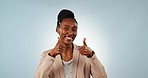 Happy black woman, business and thumbs up for success, winning or good job against a studio background. Portrait of African female person or employee smile showing like emoji, yes sign or thank you