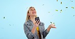Happy, excited and woman with celebration, smartphone and connection with prize, giveaway and promotion. Person, smile and model with cellphone, digital app and confetti with mobile user or happiness