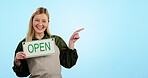 Woman, open sign and studio mockup for store launch, marketing or advertising. Female employee, pointing portrait and welcome for small business branding, happiness or announcement happiness notice