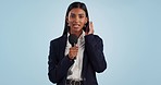 Woman reporter, microphone and news in studio, face and talking for information by blue background. Journalist, mic and presentation for headline, story and broadcast with sound, audio and media job