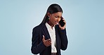 Studio, phone call and frustrated business woman in conversation with problem, crisis or confusion. Stress, debt and feedback news, angry businesswoman with cellphone on blue background with mockup.