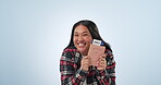 Excited, face or happy woman with a passport in studio for holiday travel or vacation on white background. Smile, goal success or portrait of a tourist with a ticket or documentation in celebration 