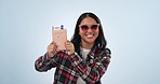Dancing, face or happy woman with a passport in studio for holiday travel or vacation on white background. Smile, sunglasses or excited gen z tourist with a global ticket book to celebrate success