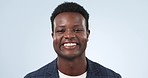 Portrait, business and black man in studio with smile, professional and corporate career at startup. Businessman, consultant or manager with job confidence, pride and happy face on blue background.